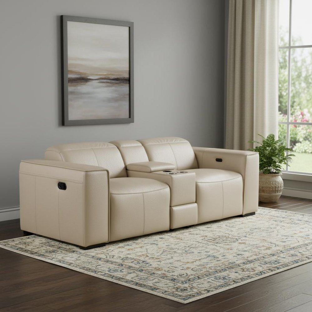 90" Cream and Brown Italian Leather Power Reclining Loveseat With Storage