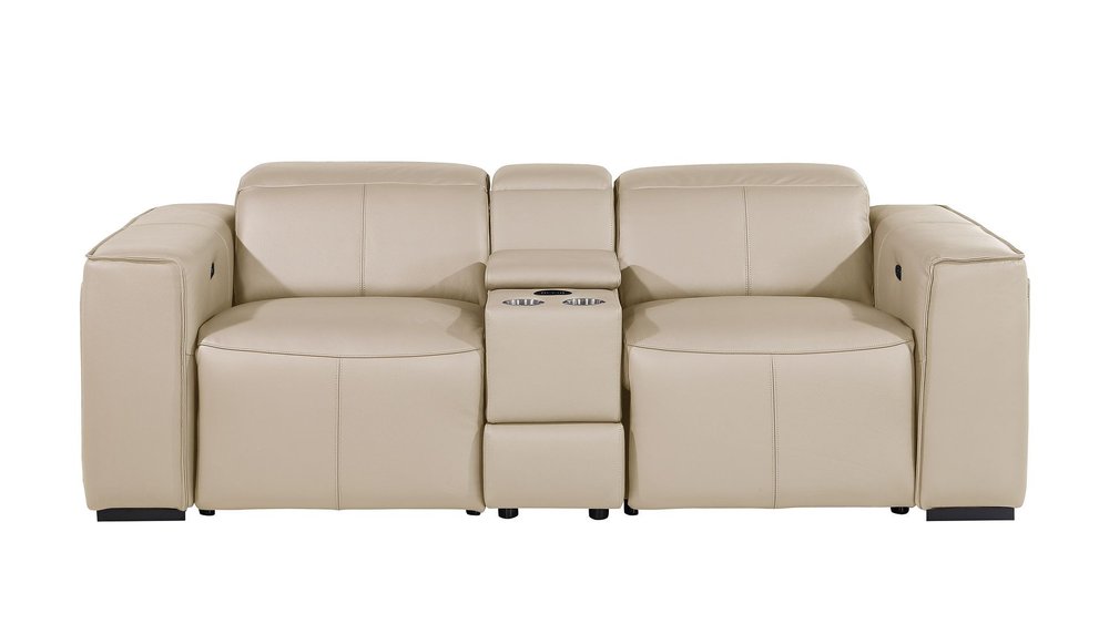90" Cream and Brown Italian Leather Power Reclining Loveseat With Storage
