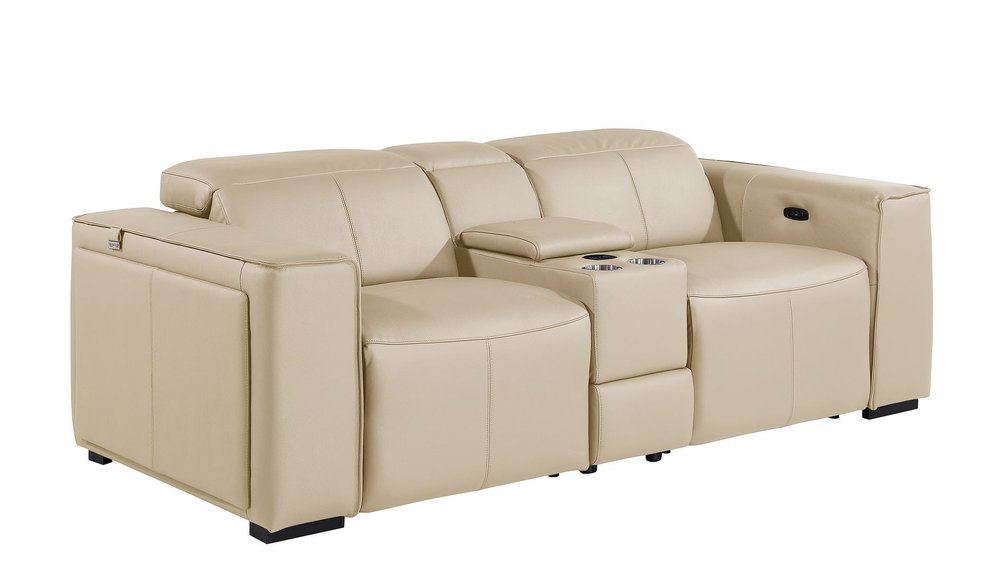 90" Cream and Brown Italian Leather Power Reclining Loveseat With Storage