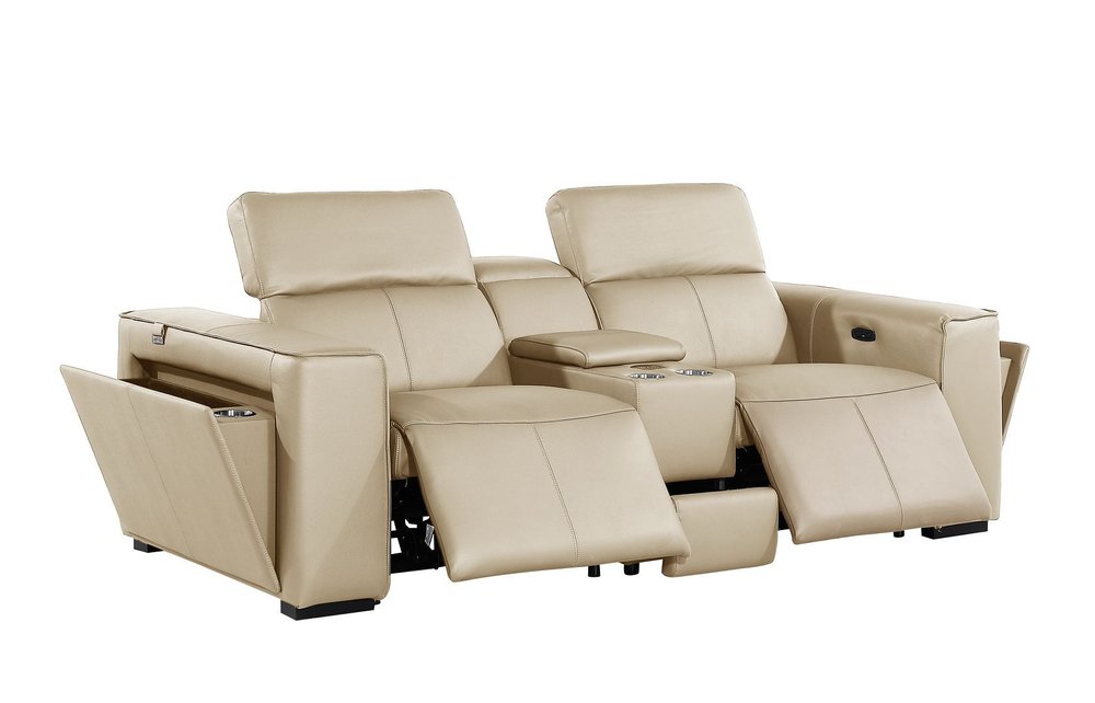 90" Cream and Brown Italian Leather Power Reclining Loveseat With Storage