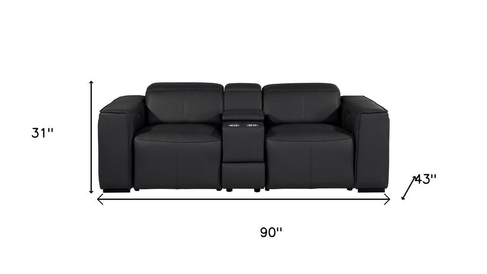 90" Black and Brown Italian Leather Power Reclining Loveseat With Storage
