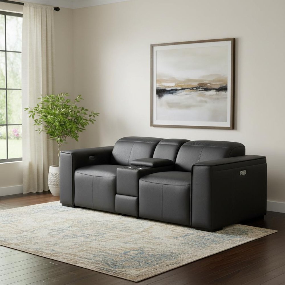 90" Black and Brown Italian Leather Power Reclining Loveseat With Storage