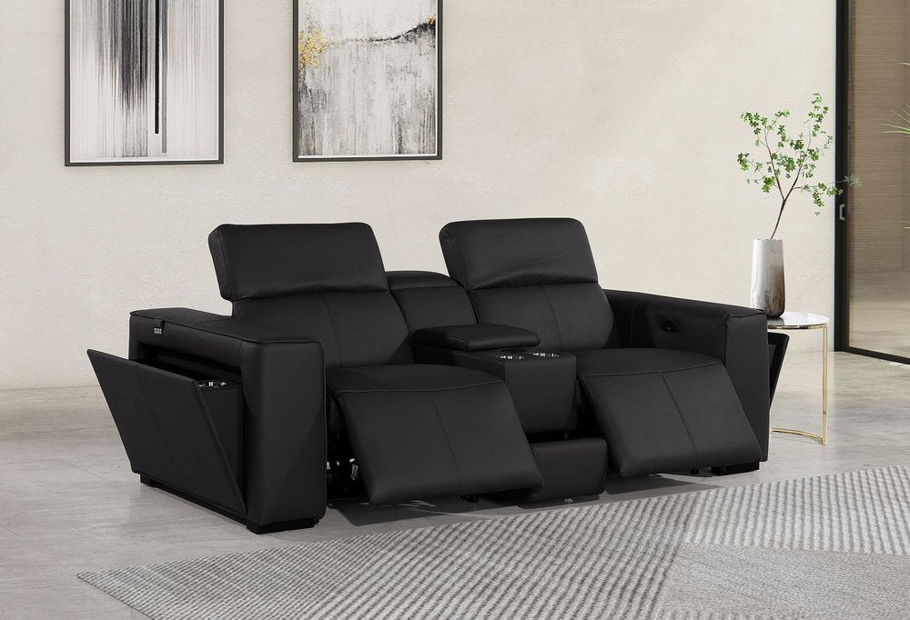 90" Black and Brown Italian Leather Power Reclining Loveseat With Storage