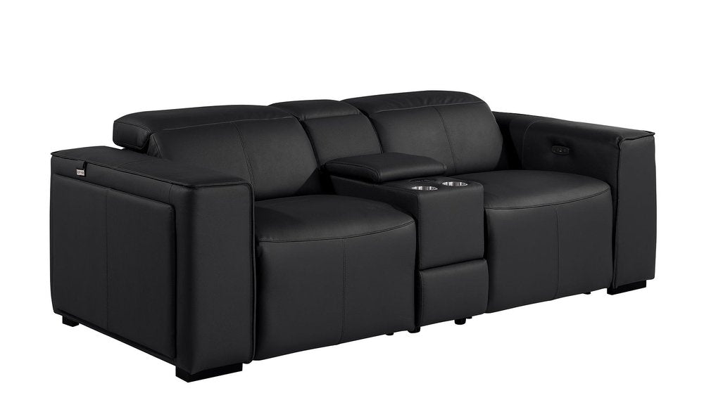 90" Black and Brown Italian Leather Power Reclining Loveseat With Storage