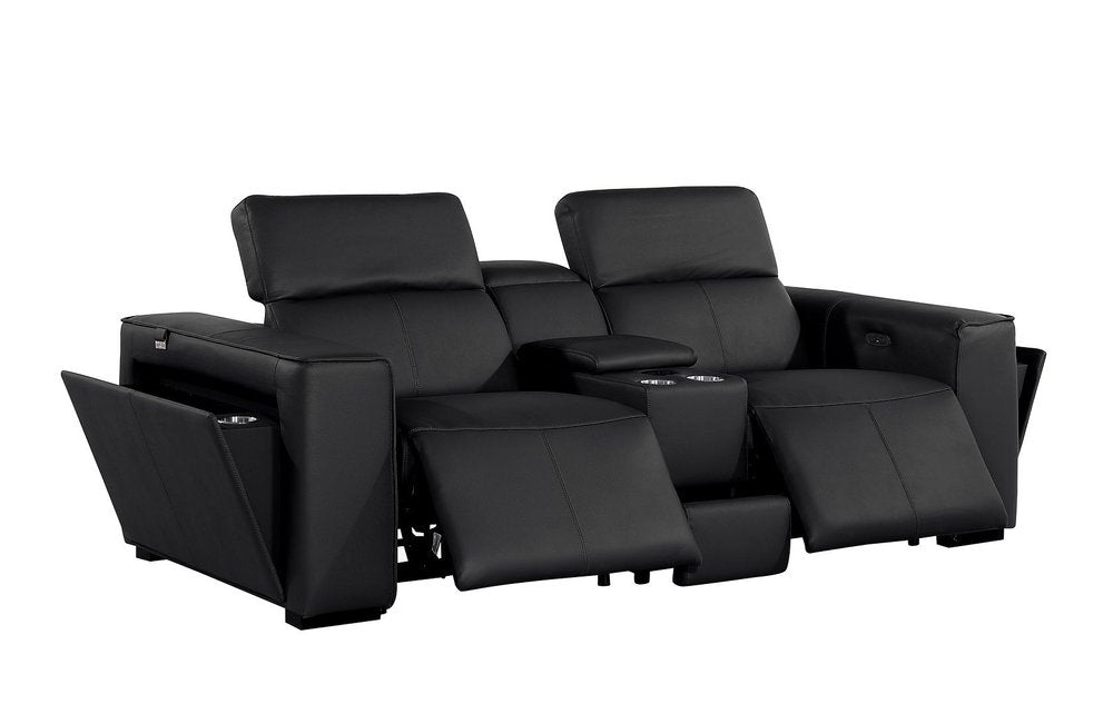 90" Black and Brown Italian Leather Power Reclining Loveseat With Storage