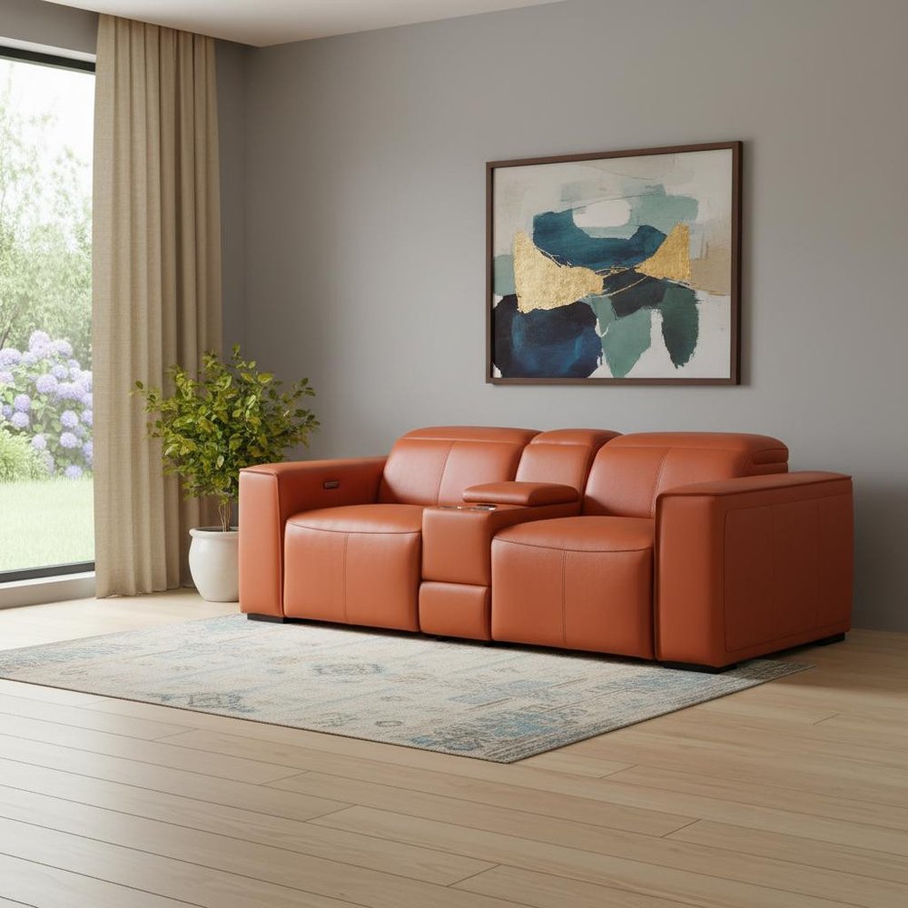 90" Orange and Brown Italian Leather Power Reclining Loveseat With Storage
