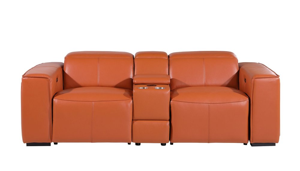 90" Orange and Brown Italian Leather Power Reclining Loveseat With Storage