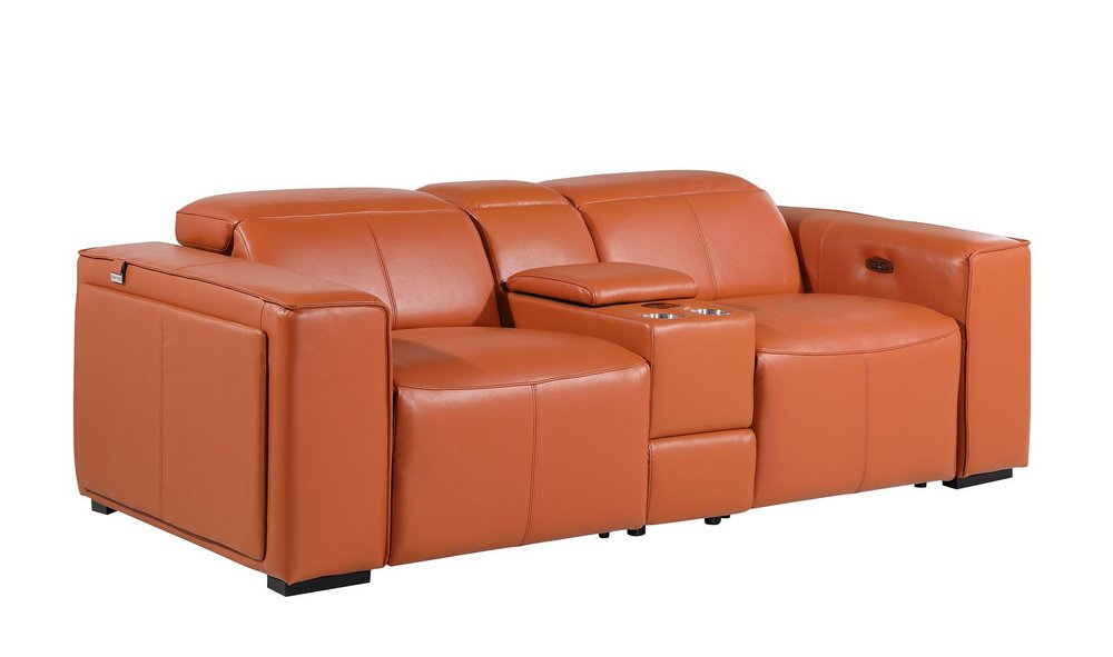 90" Orange and Brown Italian Leather Power Reclining Loveseat With Storage