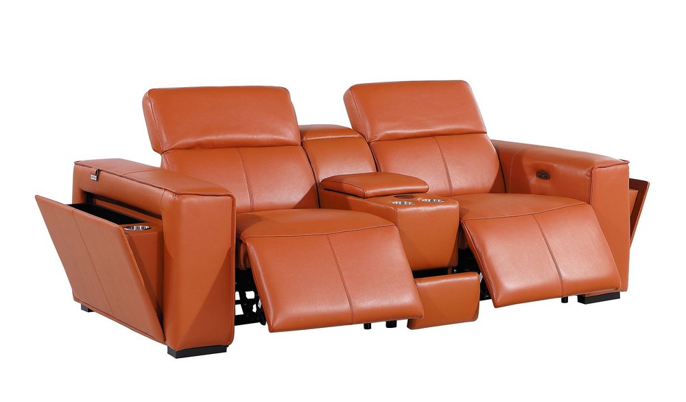90" Orange and Brown Italian Leather Power Reclining Loveseat With Storage