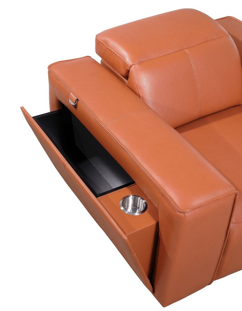 90" Orange and Brown Italian Leather Power Reclining Loveseat With Storage