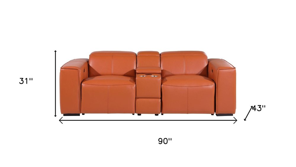90" Orange and Brown Italian Leather Power Reclining Loveseat With Storage