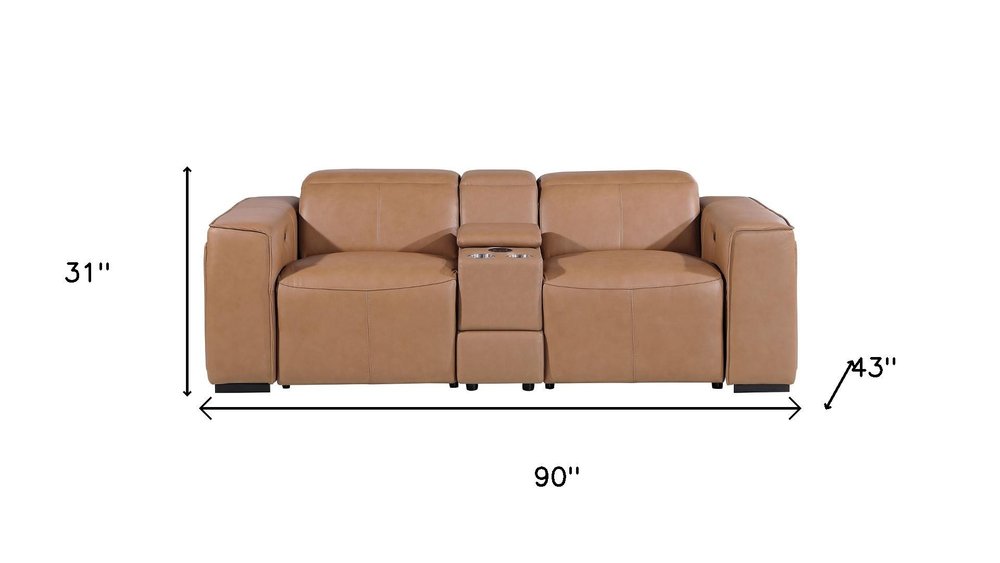 90" Brown Italian Leather Power Reclining Loveseat With Storage