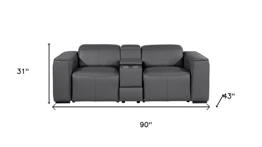 90" Dark Gray and Brown Italian Leather Power Reclining Loveseat With Storage