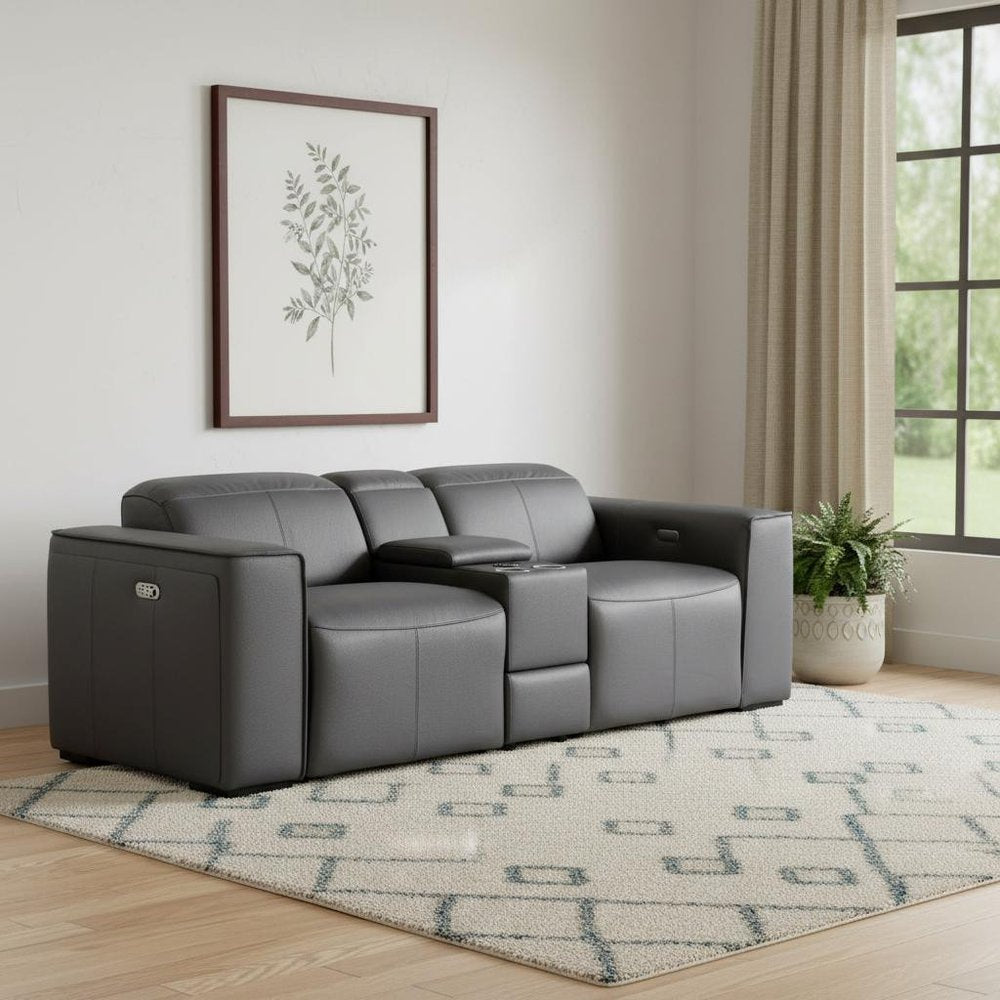 90" Dark Gray and Brown Italian Leather Power Reclining Loveseat With Storage