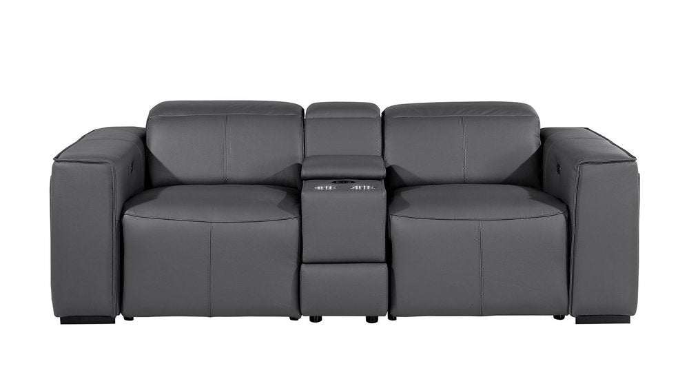 90" Dark Gray and Brown Italian Leather Power Reclining Loveseat With Storage
