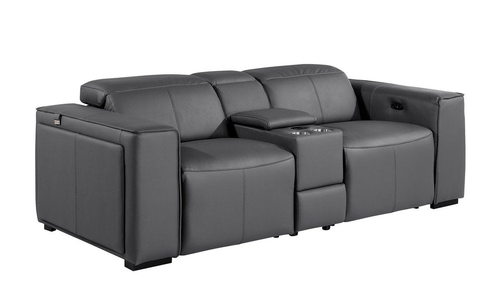 90" Dark Gray and Brown Italian Leather Power Reclining Loveseat With Storage
