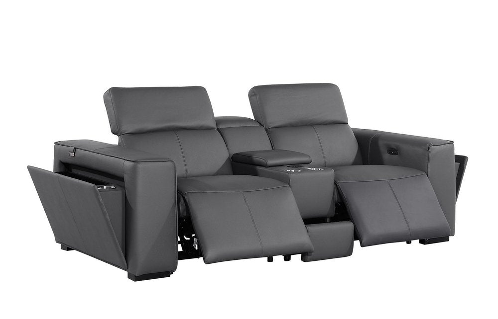 90" Dark Gray and Brown Italian Leather Power Reclining Loveseat With Storage