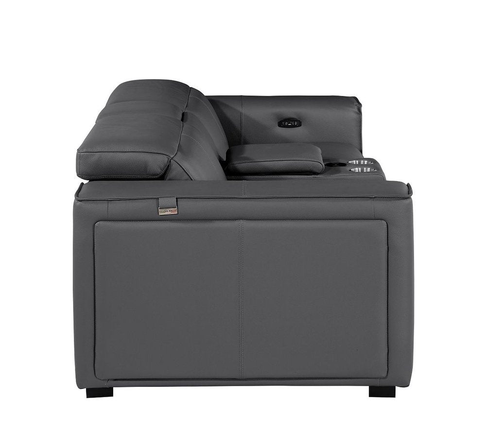 90" Dark Gray and Brown Italian Leather Power Reclining Loveseat With Storage