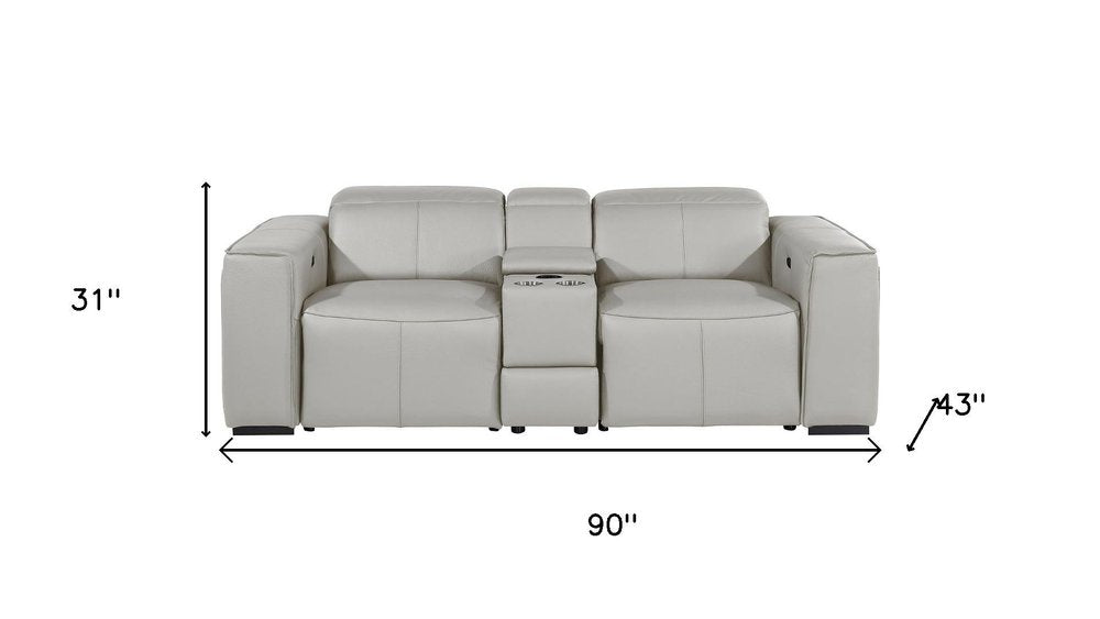 90" Light Gray and Brown Italian Leather Power Reclining Loveseat With Storage