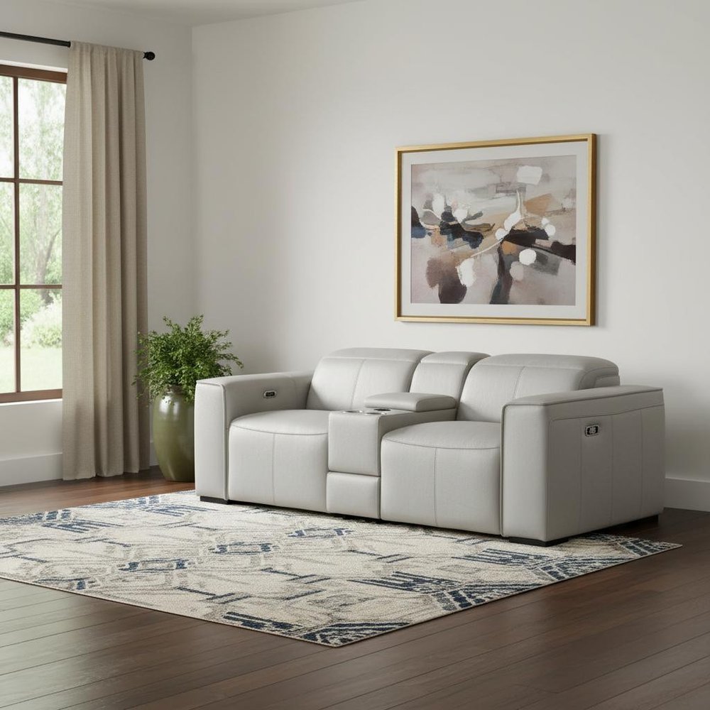 90" Light Gray and Brown Italian Leather Power Reclining Loveseat With Storage