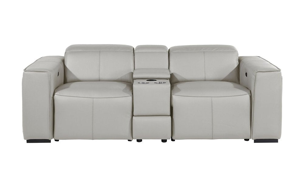 90" Light Gray and Brown Italian Leather Power Reclining Loveseat With Storage
