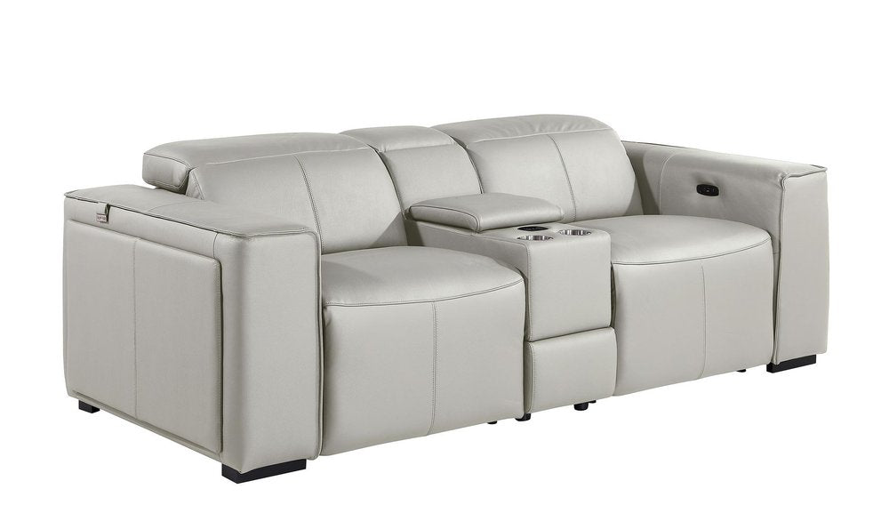 90" Light Gray and Brown Italian Leather Power Reclining Loveseat With Storage