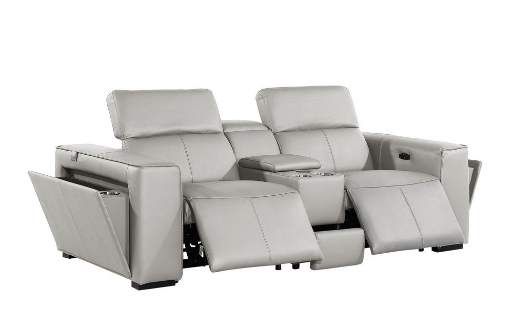 90" Light Gray and Brown Italian Leather Power Reclining Loveseat With Storage
