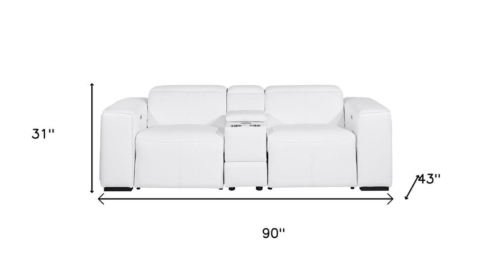 90" White and Brown Italian Leather Power Reclining Loveseat With Storage