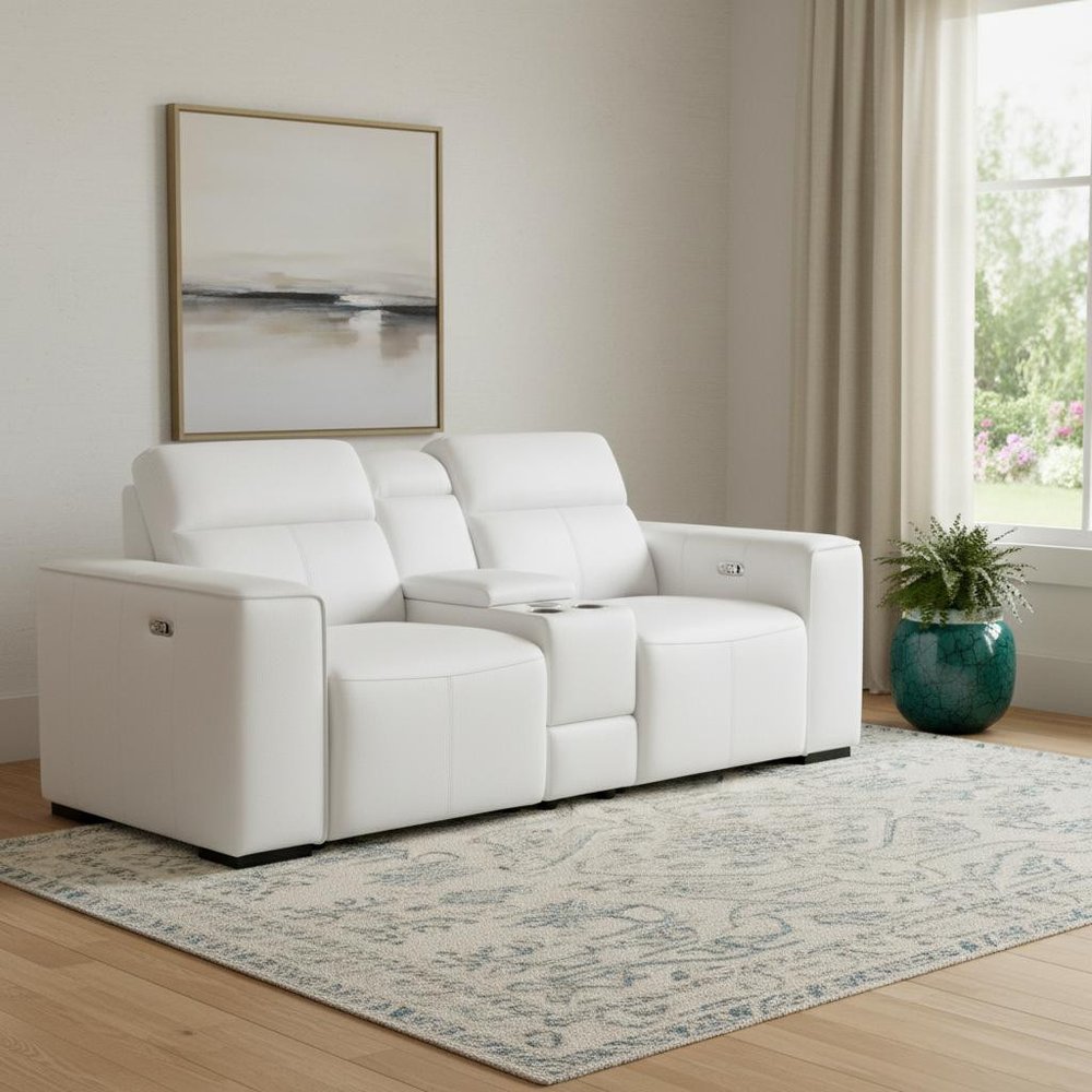 90" White and Brown Italian Leather Power Reclining Loveseat With Storage