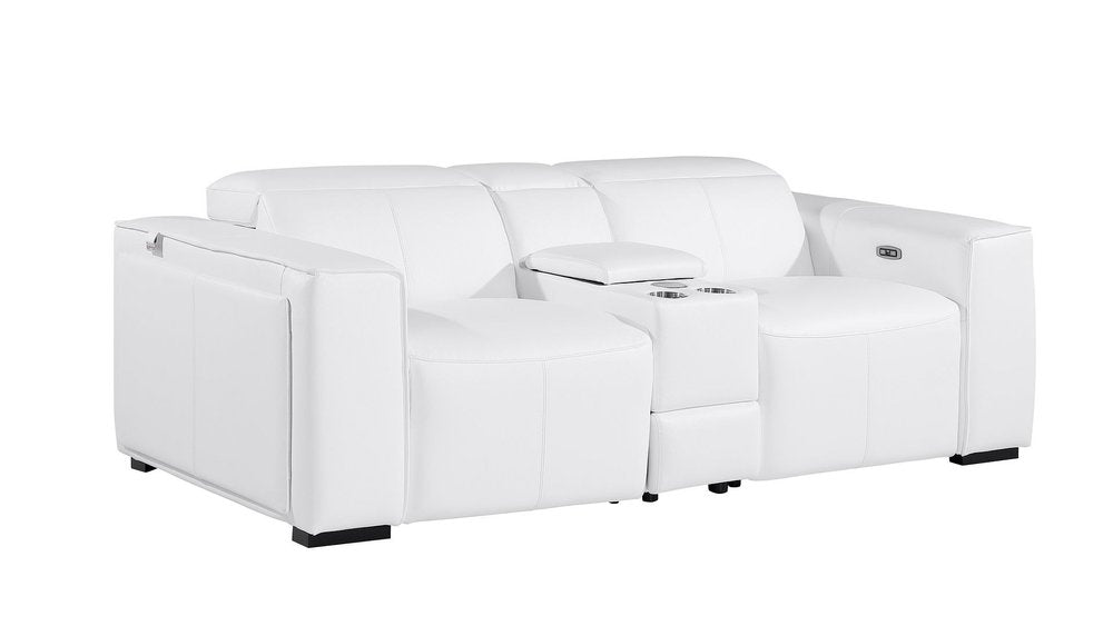 90" White and Brown Italian Leather Power Reclining Loveseat With Storage