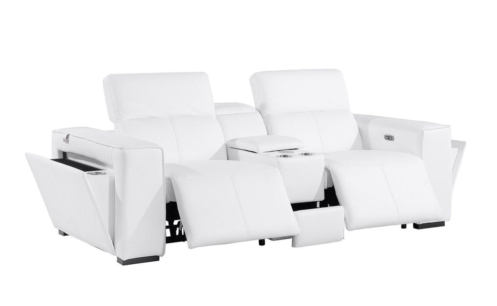 90" White and Brown Italian Leather Power Reclining Loveseat With Storage