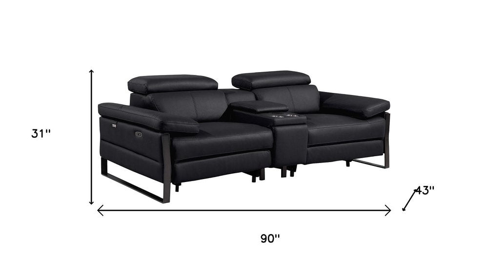 90" Black Italian Leather Power Reclining Loveseat With Storage