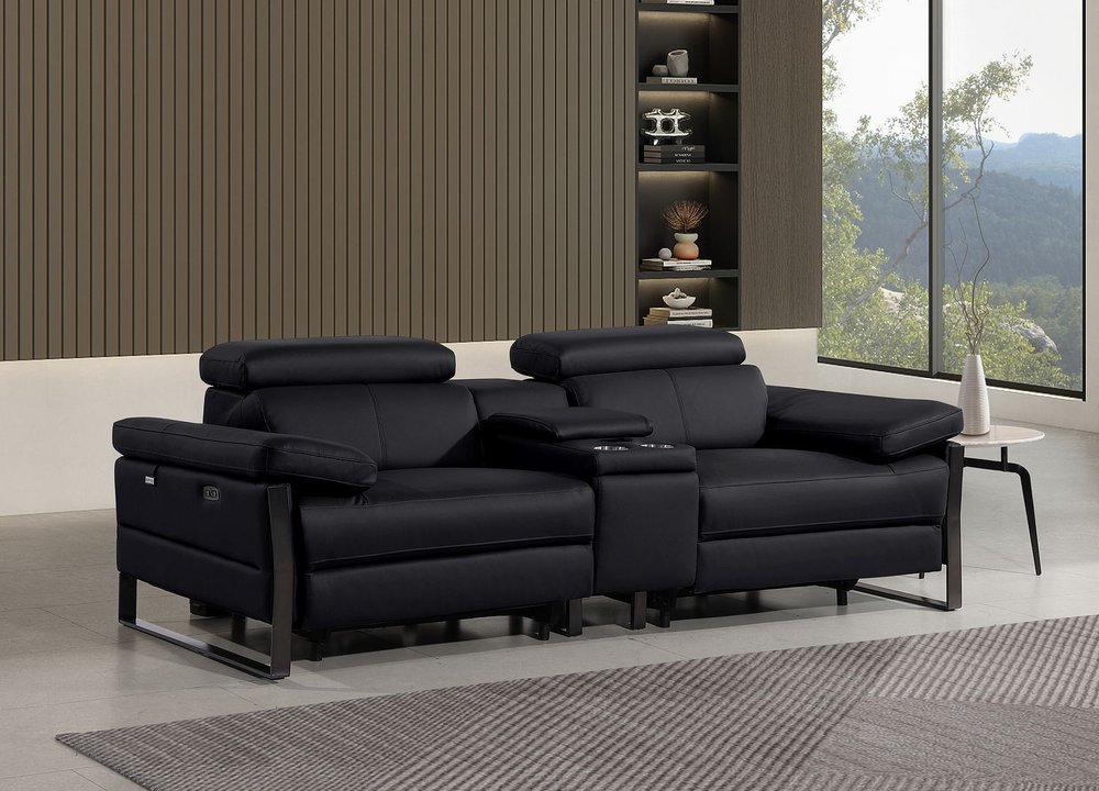 90" Black Italian Leather Power Reclining Loveseat With Storage