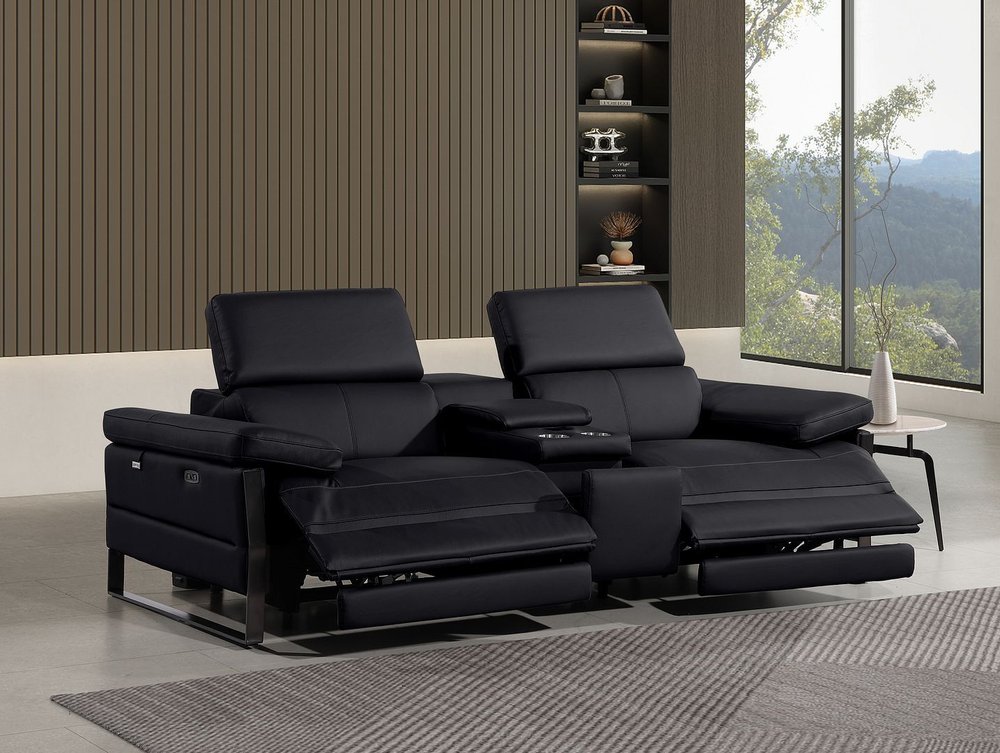 90" Black Italian Leather Power Reclining Loveseat With Storage