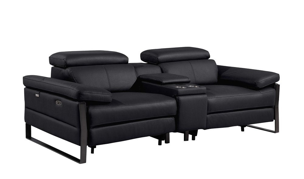 90" Black Italian Leather Power Reclining Loveseat With Storage