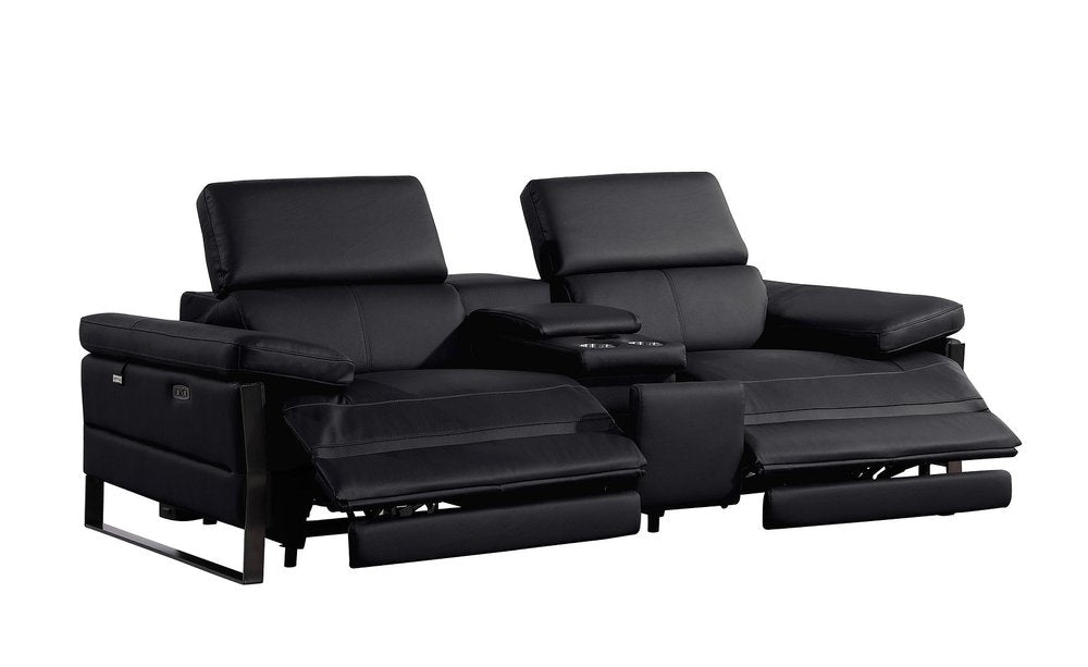 90" Black Italian Leather Power Reclining Loveseat With Storage