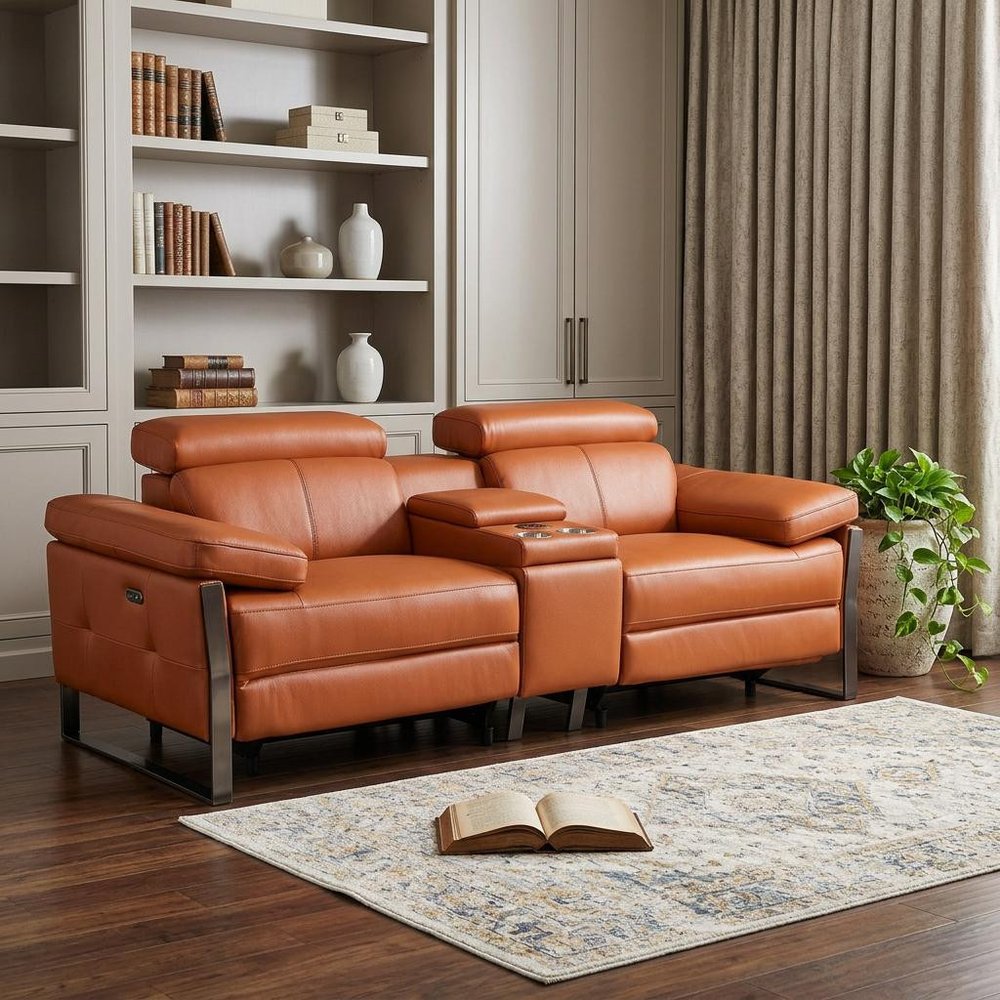 90" Orange and Black Italian Leather Power Reclining Loveseat With Storage