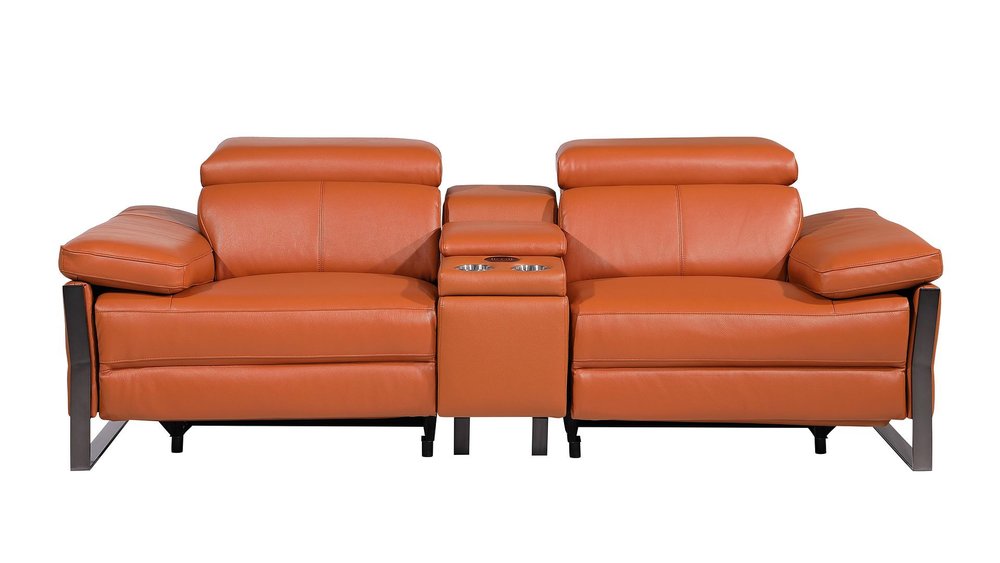 90" Orange and Black Italian Leather Power Reclining Loveseat With Storage