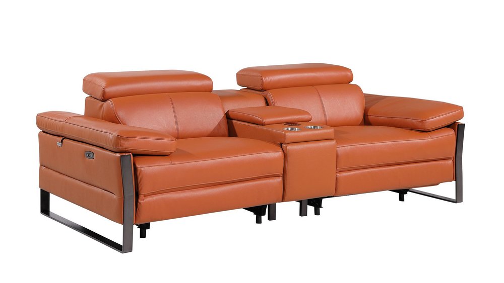 90" Orange and Black Italian Leather Power Reclining Loveseat With Storage