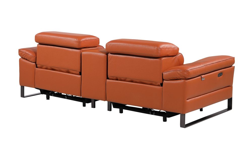 90" Orange and Black Italian Leather Power Reclining Loveseat With Storage