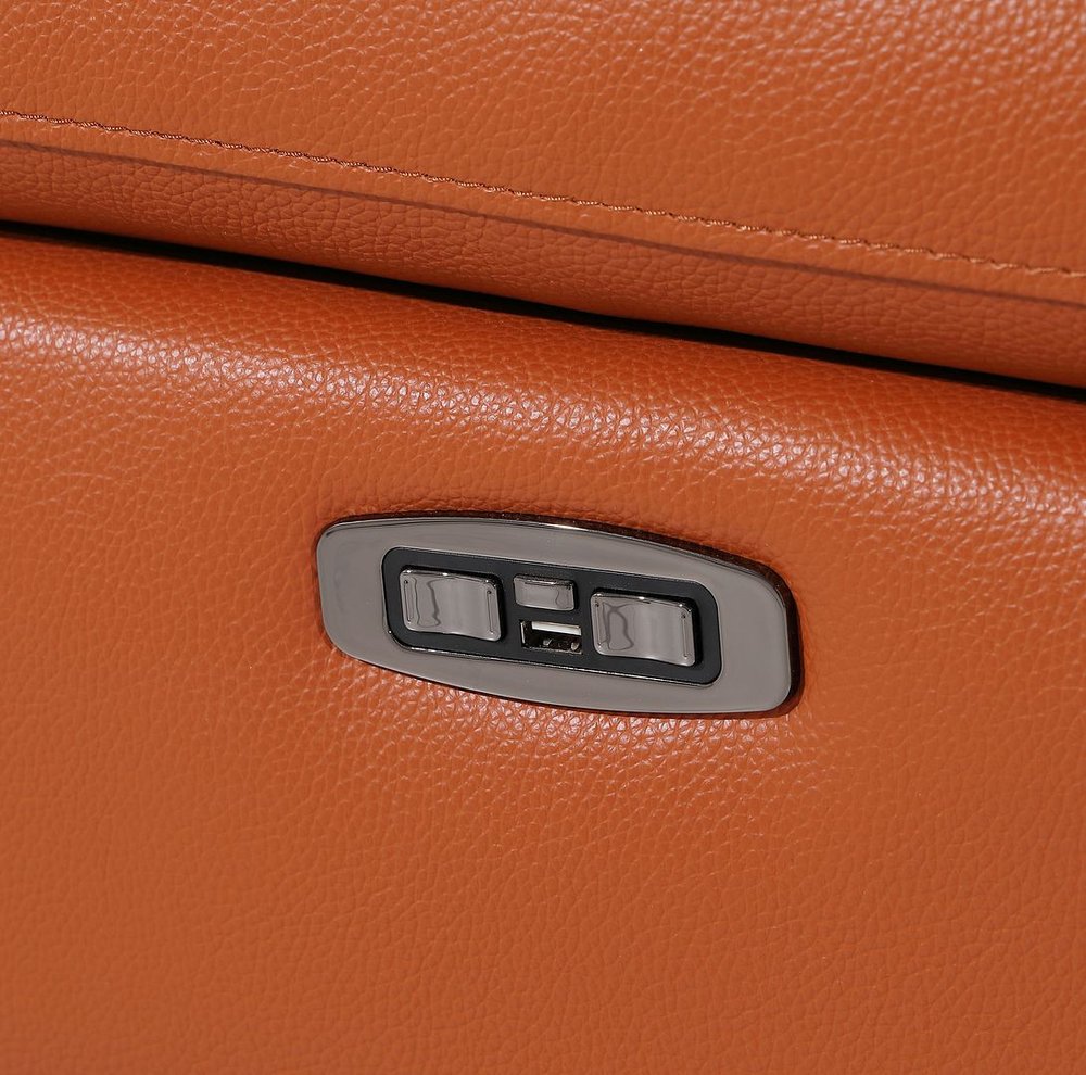 90" Orange and Black Italian Leather Power Reclining Loveseat With Storage