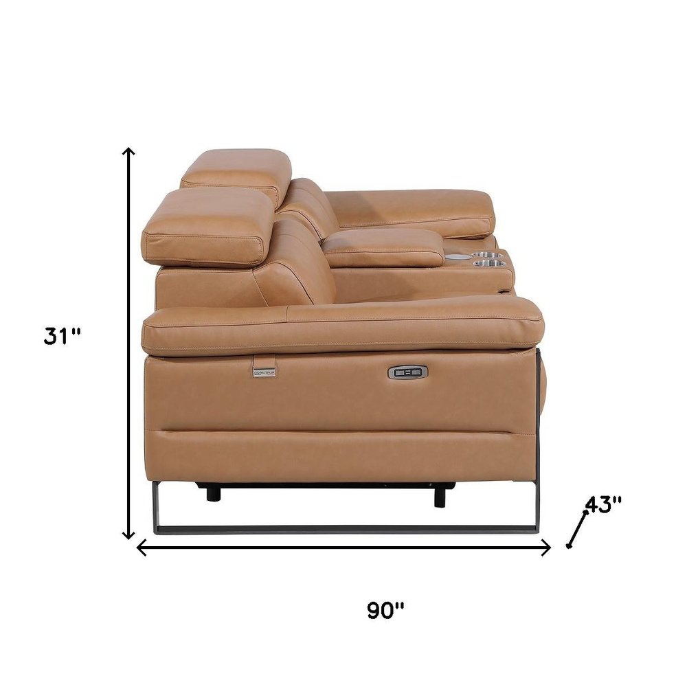 90" Chestnut and Black Italian Leather Power Reclining Loveseat With Storage