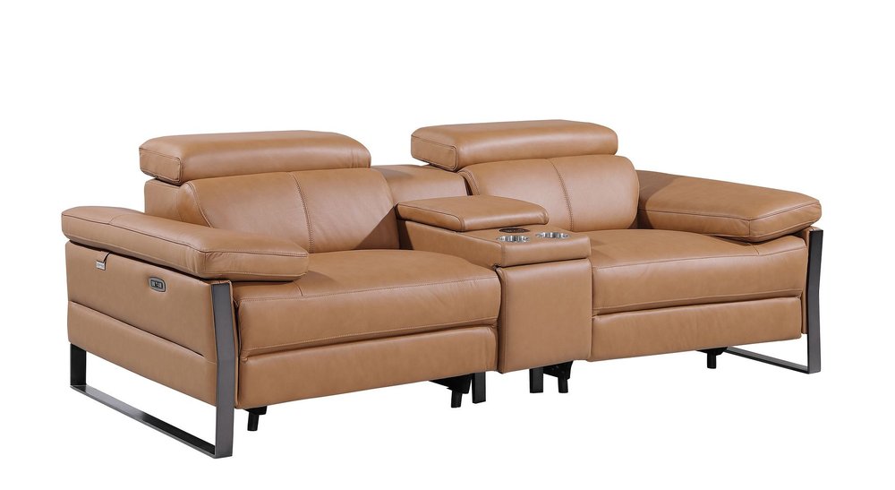 90" Chestnut and Black Italian Leather Power Reclining Loveseat With Storage