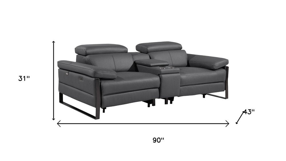90" Dark Gray and Black Italian Leather Power Reclining Loveseat With Storage