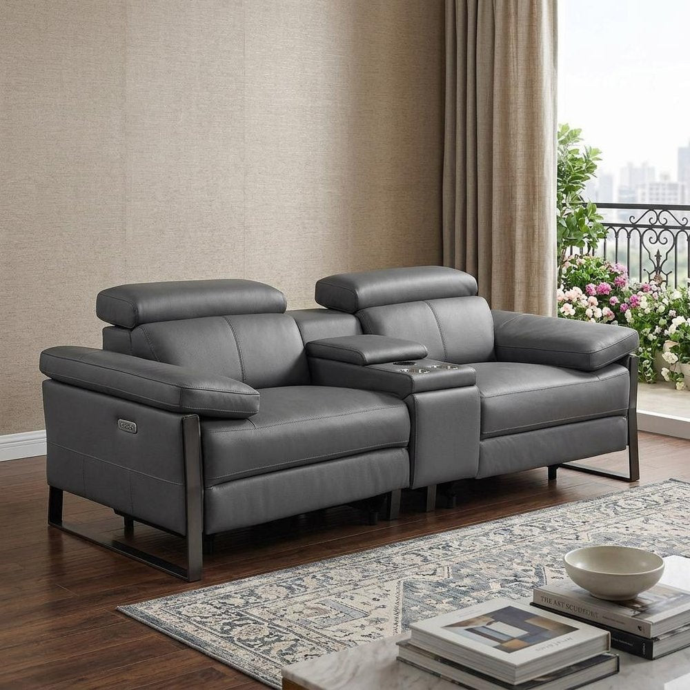 90" Dark Gray and Black Italian Leather Power Reclining Loveseat With Storage