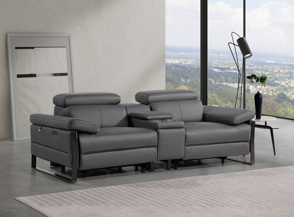 90" Dark Gray and Black Italian Leather Power Reclining Loveseat With Storage