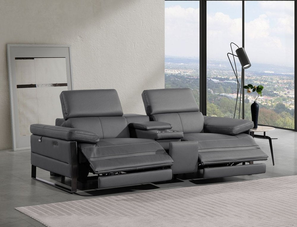 90" Dark Gray and Black Italian Leather Power Reclining Loveseat With Storage