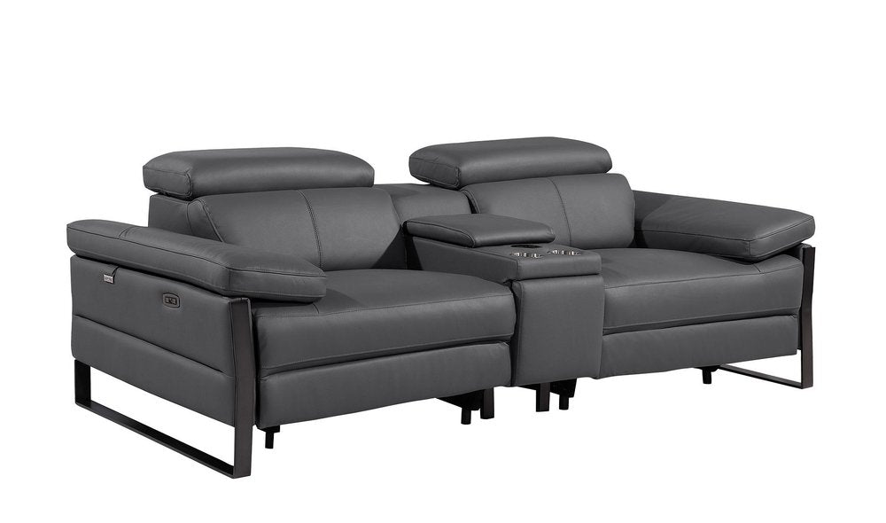90" Dark Gray and Black Italian Leather Power Reclining Loveseat With Storage