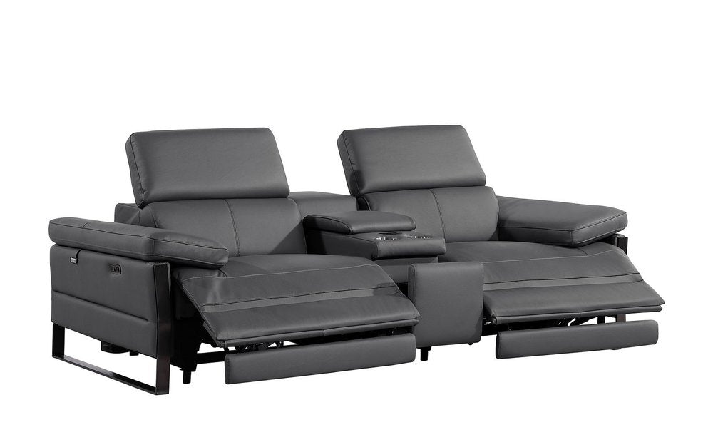 90" Dark Gray and Black Italian Leather Power Reclining Loveseat With Storage
