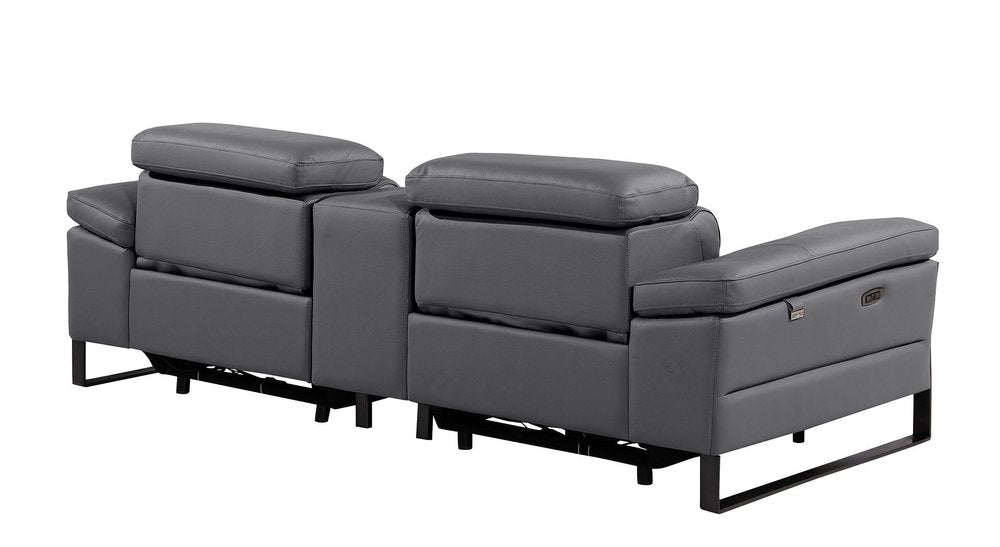 90" Dark Gray and Black Italian Leather Power Reclining Loveseat With Storage
